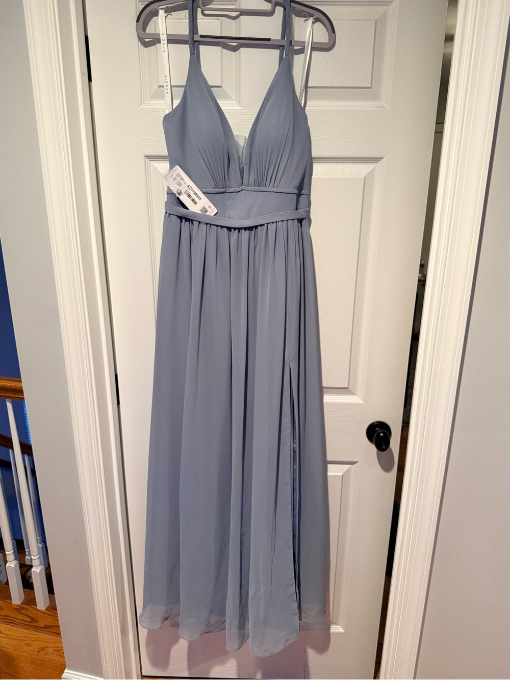 Azazie Rayna Elegant dusty blue Chiffon off the shoulder formal Maxi Dress